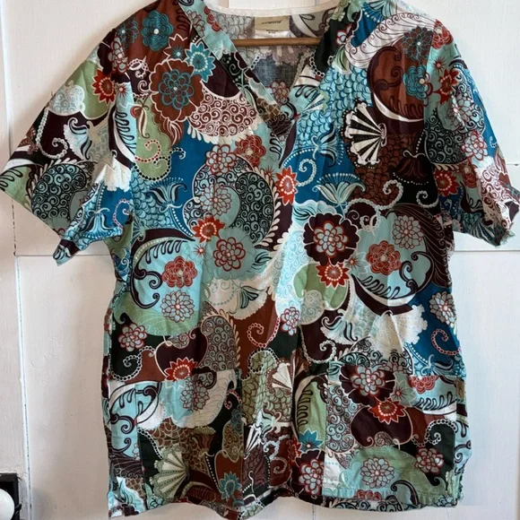 Scrub Tops Print Paisley Whimsy Floral Pattern Teal Royal Blue Brown Size Medium - Picture 2 of 14